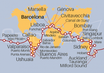Itinerario Crucero Vuelta al Mundo 2023 desde Barcelona