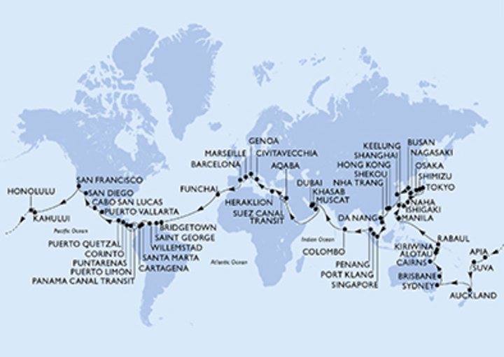 Itinerario Crucero Gran Vuelta al mundo desde Génova 2023
