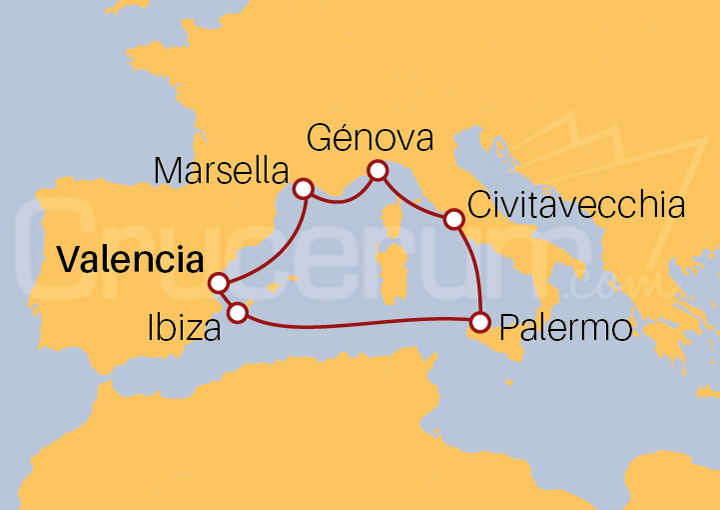 Itinerario Crucero Crucero desde Valencia por Mediterráneo 2022