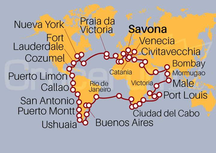 Itinerario Crucero Crucero Vuelta Mundo 2023 desde Savona