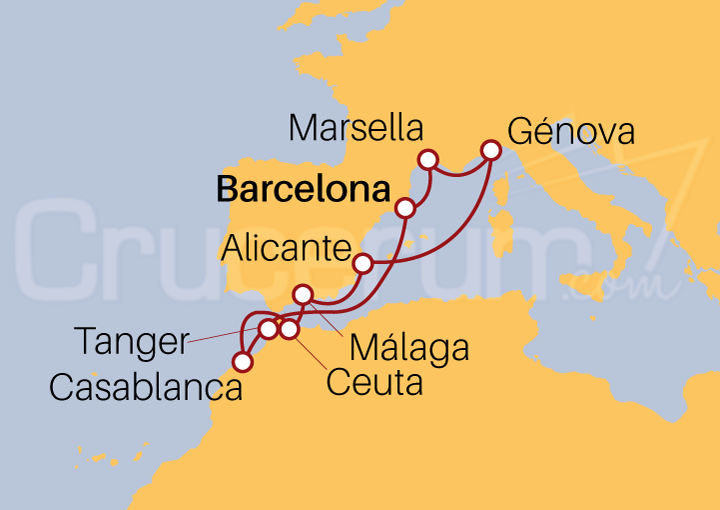 Itinerario Crucero Crucero Mediterráneo y Africano desde Barcelona 2023