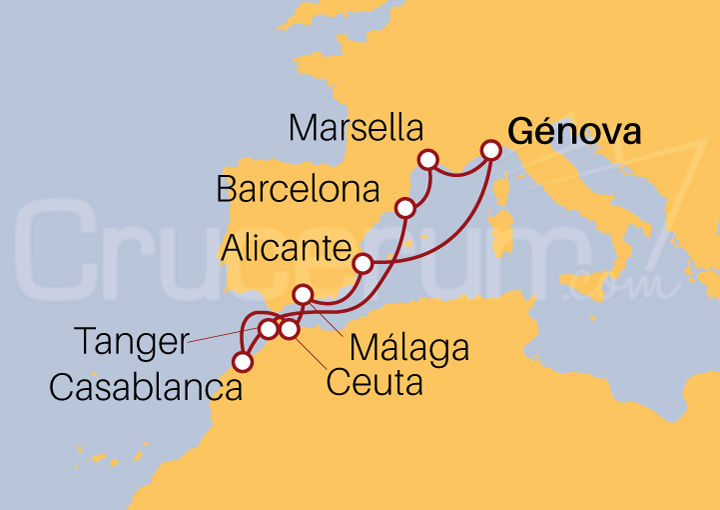 Itinerario Crucero Francia, Marruecos y España desde Génova 2023