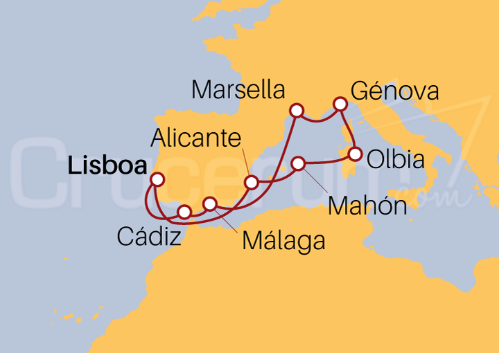 Itinerario Crucero Crucero por el Mediterráneo desde Lisboa 2022