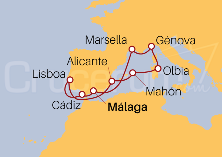 Itinerario Crucero Crucero Mar Mediterráneo desde Málaga 2023