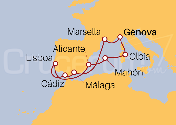 Itinerario Crucero Crucero Mediterráneo y Atlántico desde Génova 2023