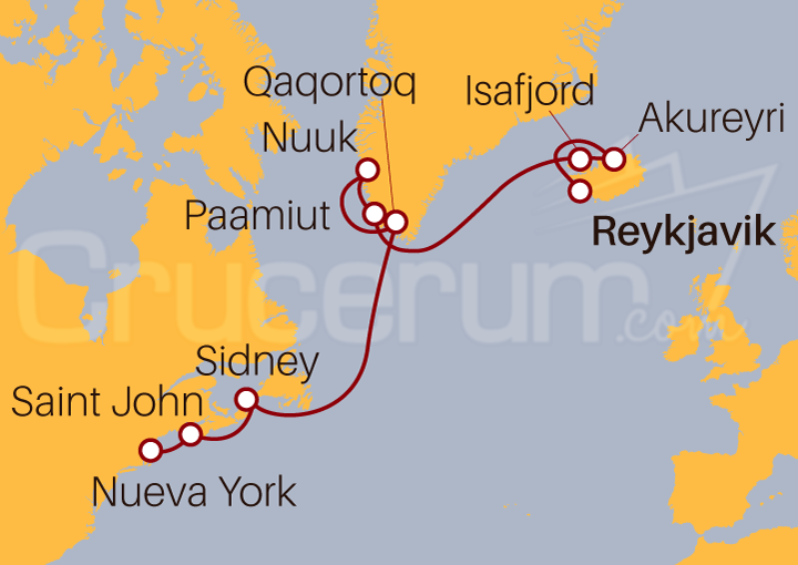 Itinerario Crucero Crucero Islandia y Groenlandia: Géiseres Árticos, Glaciares, Fuego y Tierra de Hielo