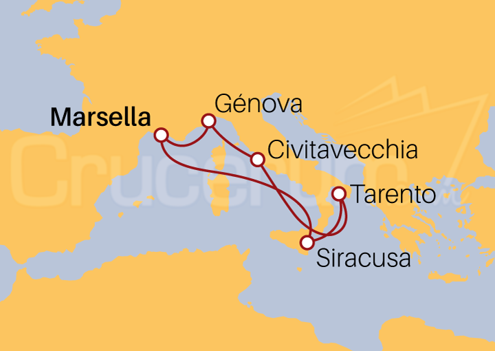 Itinerario Crucero Marseille,Siracusa,Taranto,Civitavecchia,Genoa,Marseille