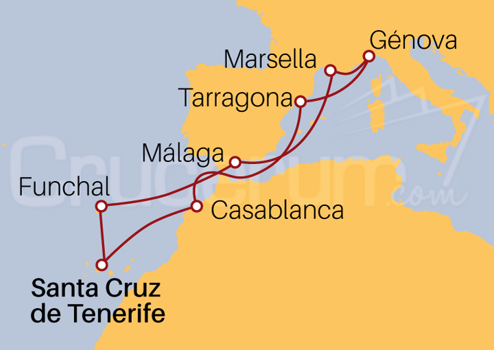 Itinerario Crucero Crucero desde Santa Cruz de Tenerife al Mediterráneo 2022