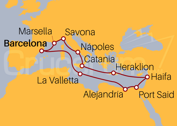 Itinerario Crucero España, Francia, Italia, Grecia, Egipto, Malta 2022