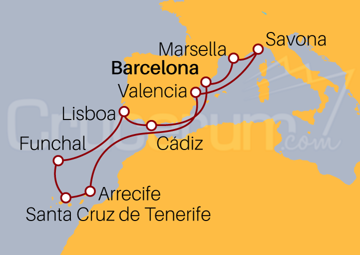 Itinerario Crucero Rumbo a Las Canarias y Funchal desde Barcelona