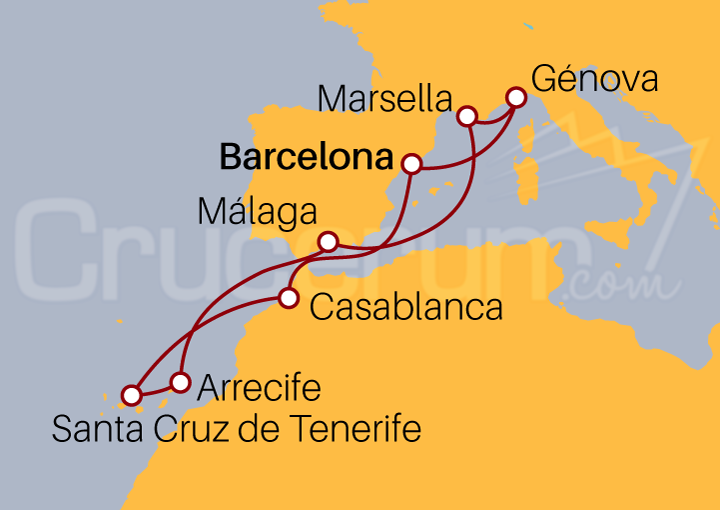 Itinerario Crucero Crucero Atlántico y Mediterráneo desde Barcelona 2023