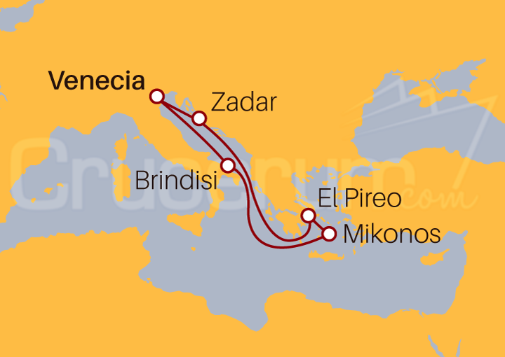 Itinerario Crucero Venecia, Brindisi, Mikonos, Pireo y Zadar,