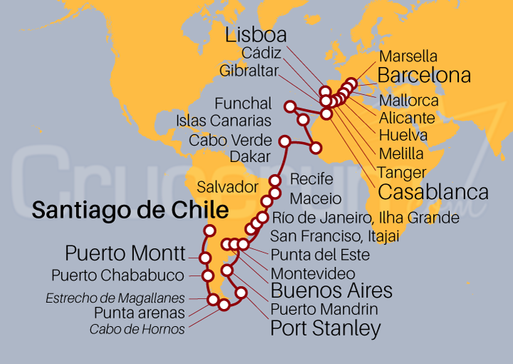 Itinerario Crucero Gran Transatlántico de Santiago de Chile a Barcelona 2025