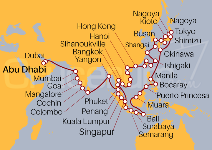 Itinerario Crucero Gran Crucero por Oriente desde Abu Dhabi