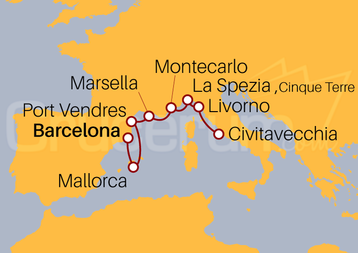 Itinerario Crucero Crucero desde Barcelona a Civitavecchia 2023