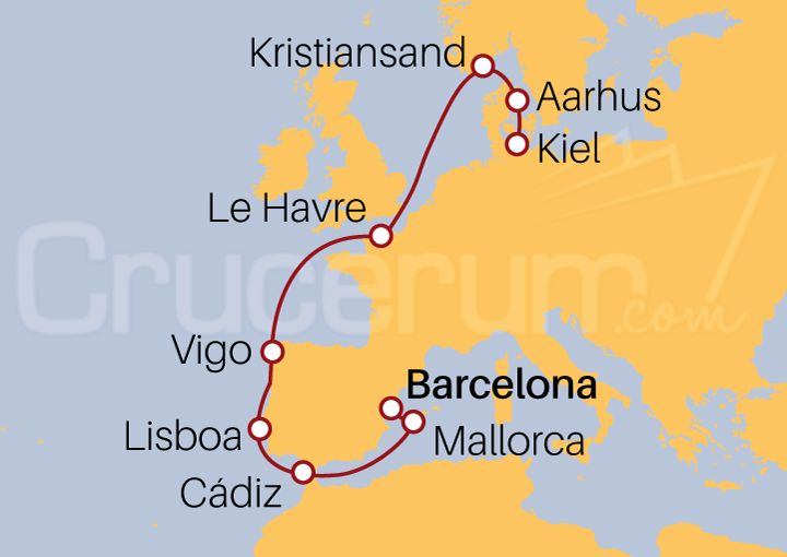 Itinerario Crucero Crucero desde Barcelona a Kiel 2023