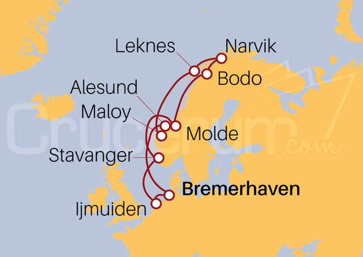 Itinerario Crucero Fiordos Noruegos desde Bremerhaven