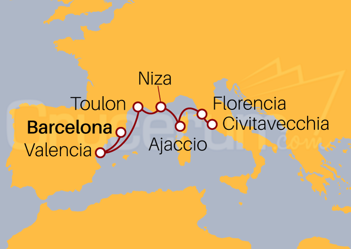 Itinerario Crucero Valencia, Toulón, Niza, Ajaccio y Florencia