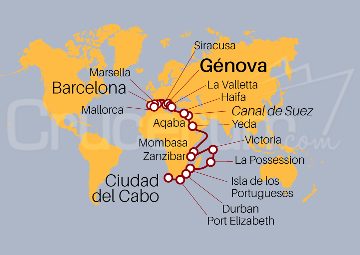 Itinerario Crucero De Génova a Ciudad del Cabo