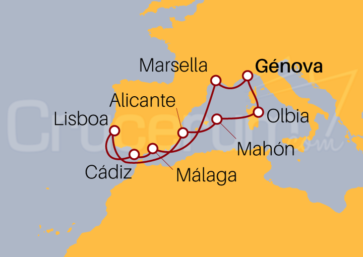 Itinerario Crucero Italia, Francia, Península Ibérica y Baleares
