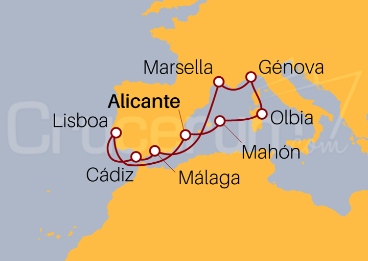 Itinerario Crucero Península Ibérica, Baleares, Italia