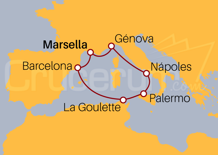 Itinerario Crucero Francia, España, Túnez e Italia