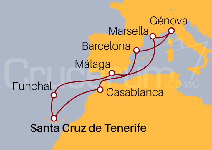 Itinerario Crucero Desde las Islas Canarias por el Mediterráneo