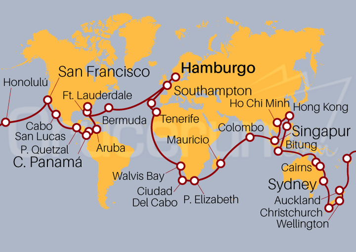 Itinerario Crucero Vuelta al Mundo 2024 desde hamburgo