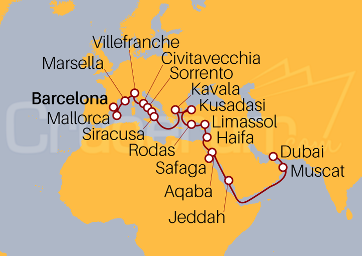 Itinerario Crucero Crucero desde Barcelona a Dubai 2023