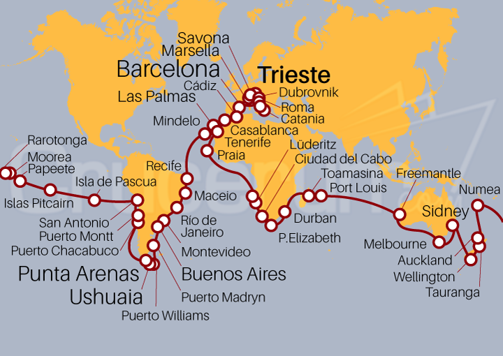 Itinerario Crucero Vuelta al Mundo 2025 desde Trieste