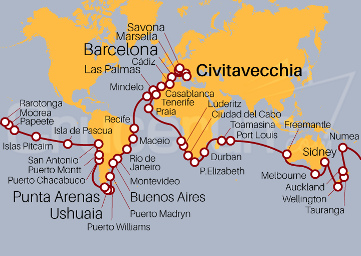 Itinerario Crucero Vuelta al Mundo 2025 desde Civitavecchia