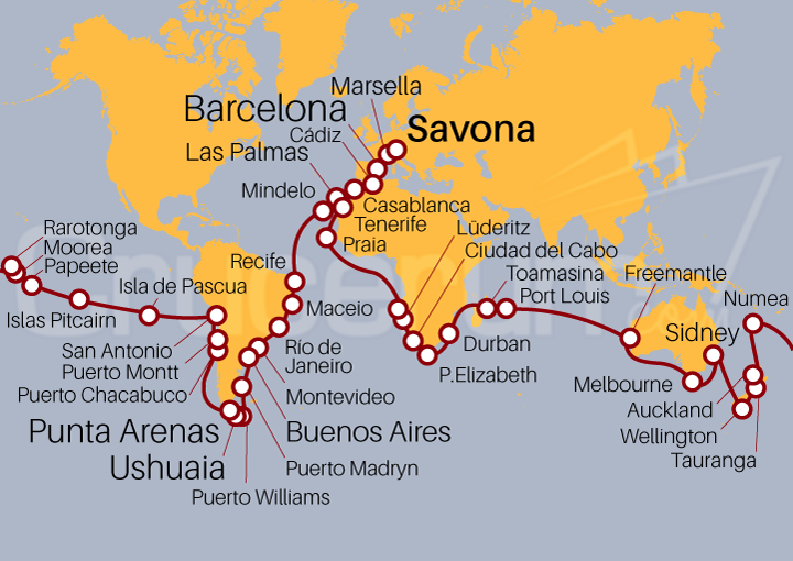 Itinerario Crucero Vuelta al Mundo 2025 desde Savona