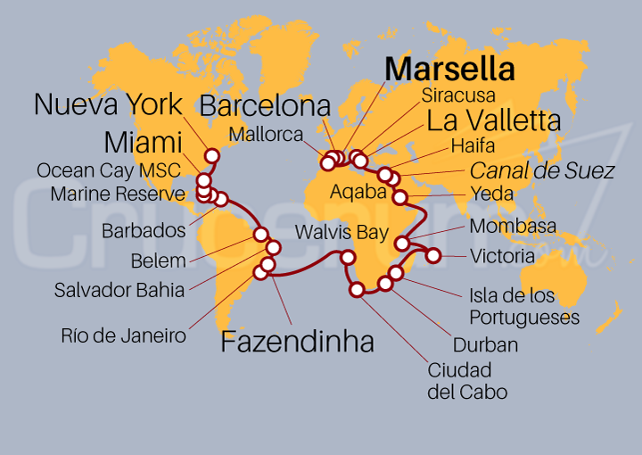 Itinerario Crucero Vuelta al Mundo 2024, de Marsella a Nueva York