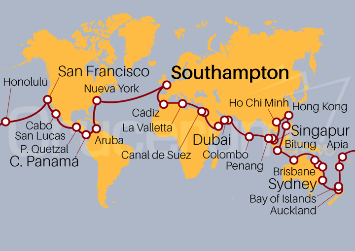 Itinerario Crucero Vuelta al Mundo 2025 desde Southampton