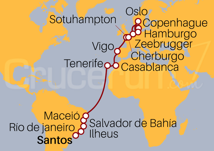 Itinerario Crucero Transatlántico de Santos (Brasil) a Hamburgo (Alemania)