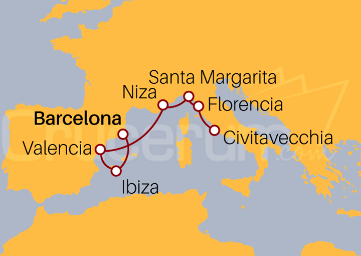 Itinerario Crucero Barcelona a Civitavecchia por Italia y España