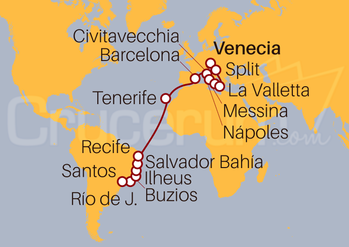 Itinerario Crucero Venecia hasta Santos (Brasil)