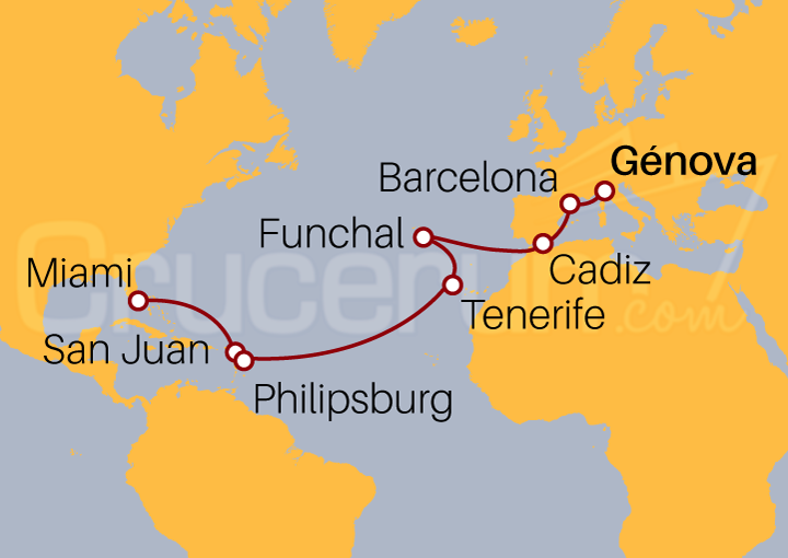 Itinerario Crucero Transatlántico de Génova a Miami