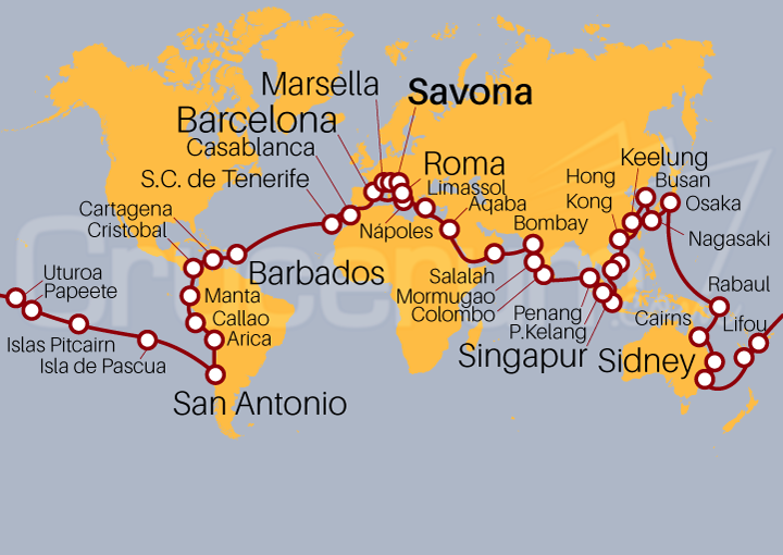 Itinerario Crucero Vuelta al Mundo 2024 desde Savona