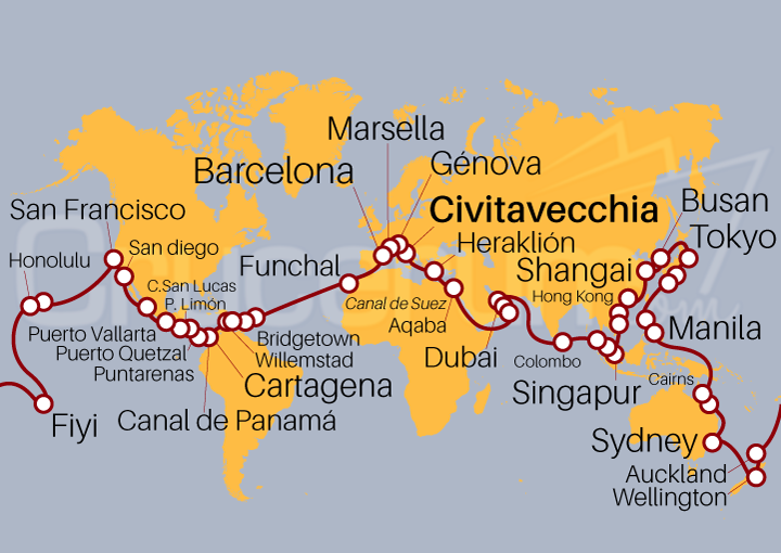 Itinerario Crucero Vuelta al Mundo 2026 desde Roma