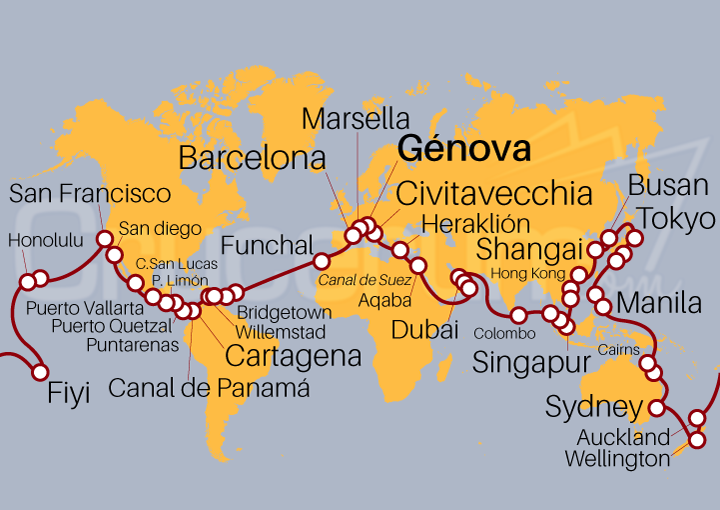 Itinerario Crucero Vuelta al Mundo 2026 desde Génova