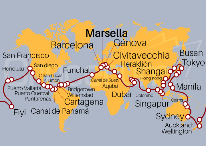 Itinerario Crucero Vuelta al Mundo 2026 desde Marsella