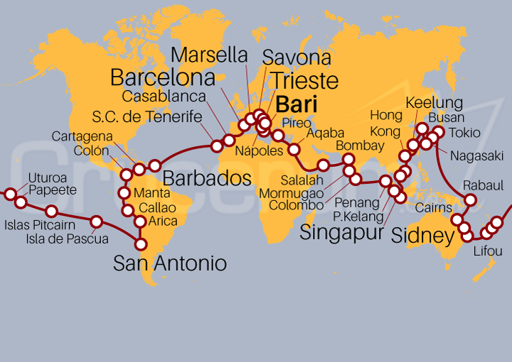 Itinerario Crucero Vuelta al Mundo 2026 desde Bari