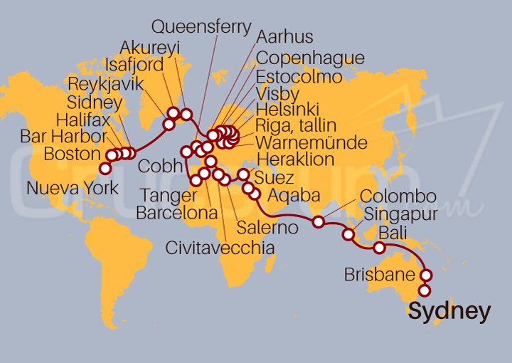 Itinerario Crucero Vuelta al Mundo de Sídney a Nueva York