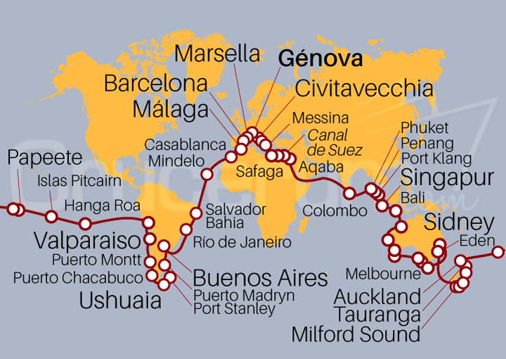 Itinerario Crucero Vuelta al Mundo 2025 desde Génova