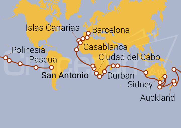 Itinerario Crucero Tramo de Vuelta al Mundo. De Santiago de Chile a Barcelona