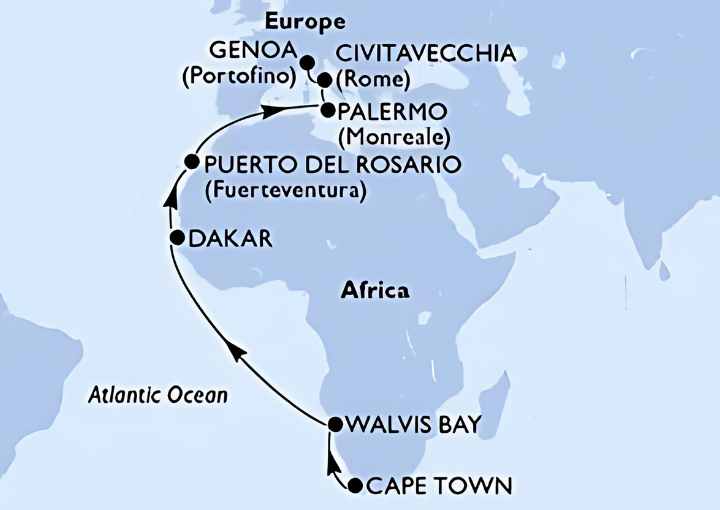 Crucero de 20 días desde Ciudad del Cabo (Sudáfrica) a bordo del MSC Magnifica abril 2025 MSC Cruceros