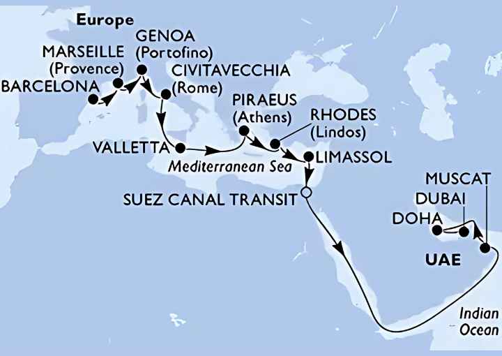 Crucero de 23 días desde Barcelona a bordo del MSC World Europa noviembre 2026 MSC Cruceros